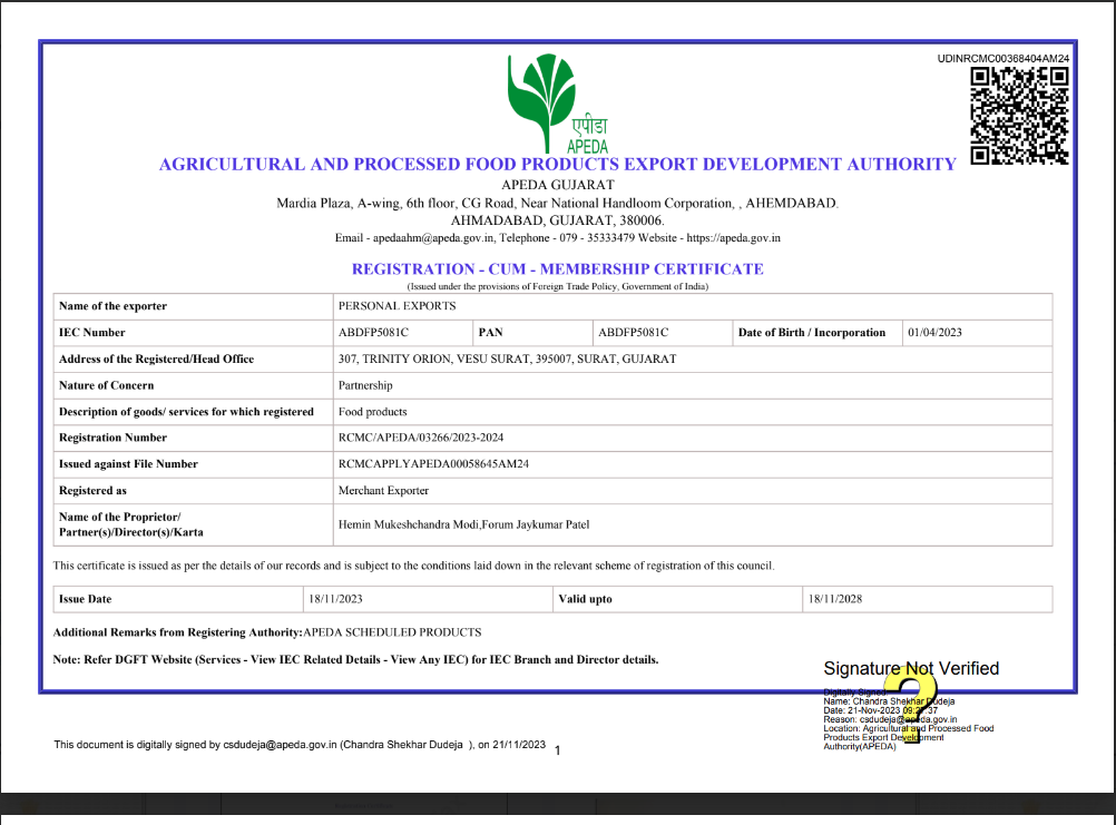 APEDA Certificate - Personal Exporta