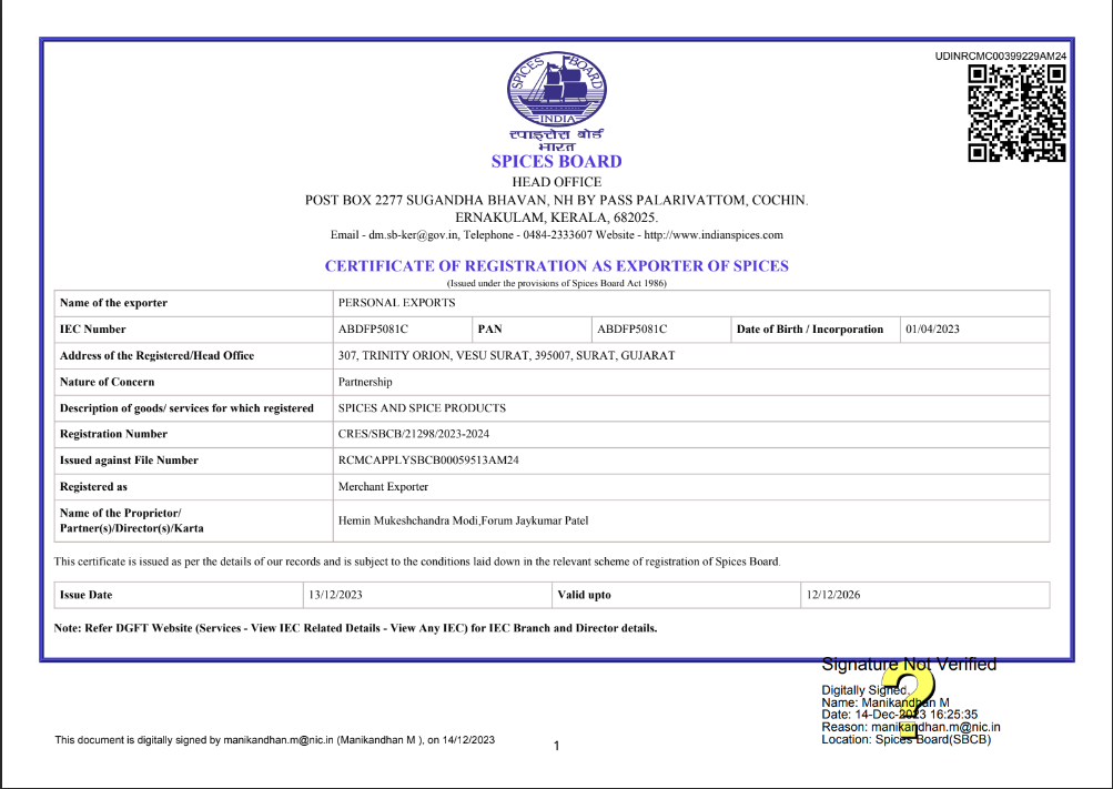 Spice Board Certificate - Personal Exports